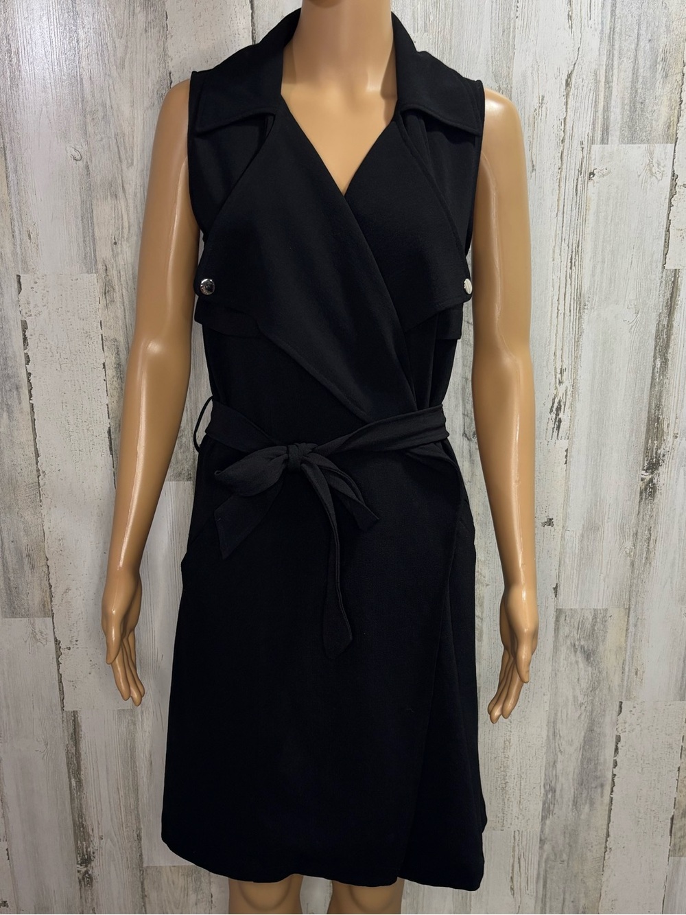 LFD Black Crepe Sleeveless Wrap Trench Dress